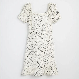 Loft Polka Dotted Linen Peasant Baby Doll Square Neck Tie Back Puff Sleeve Dress